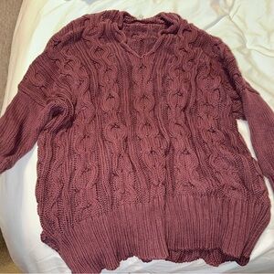 Wishlist V-Neck Cable Knit Sweater in Plum